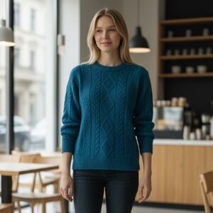 Lake‎ Harmony Rowing Club Blue Cotton Cable Knit Sweater Medium Vintage Made USA